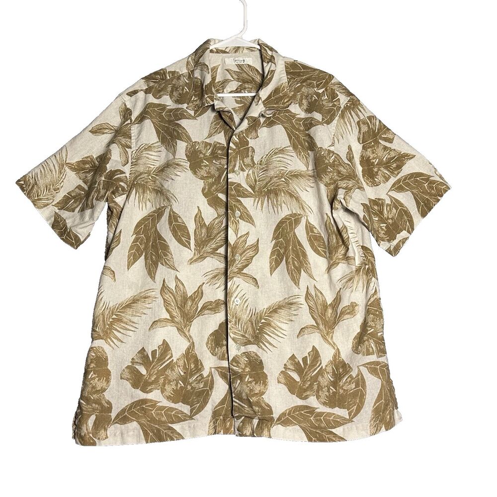 Turnbury Linen Cotton Woven Camp Shirt Mens L Short Sleeve Floral Beige Brown